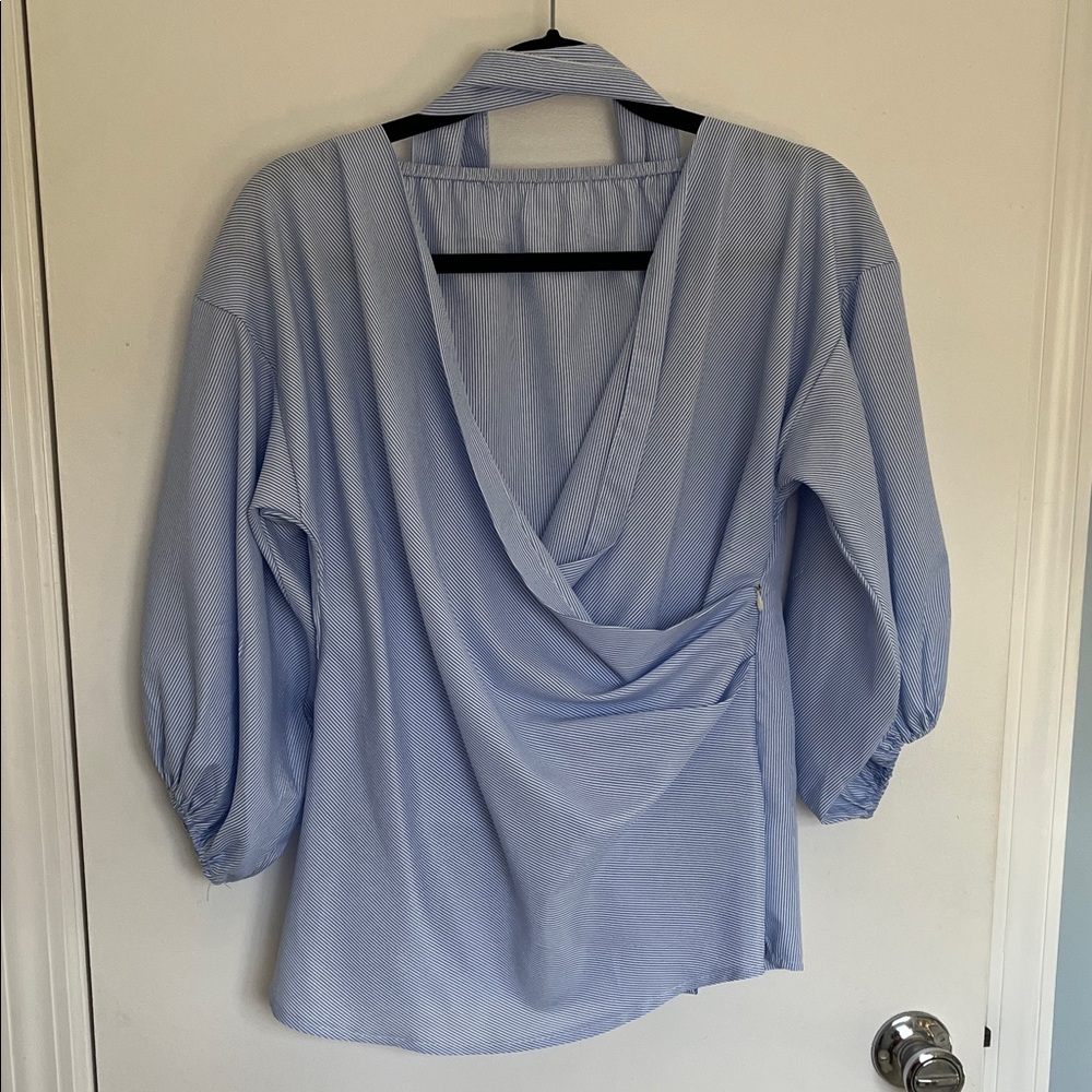 Blue & White strip V neck crossover/drape top with belt.